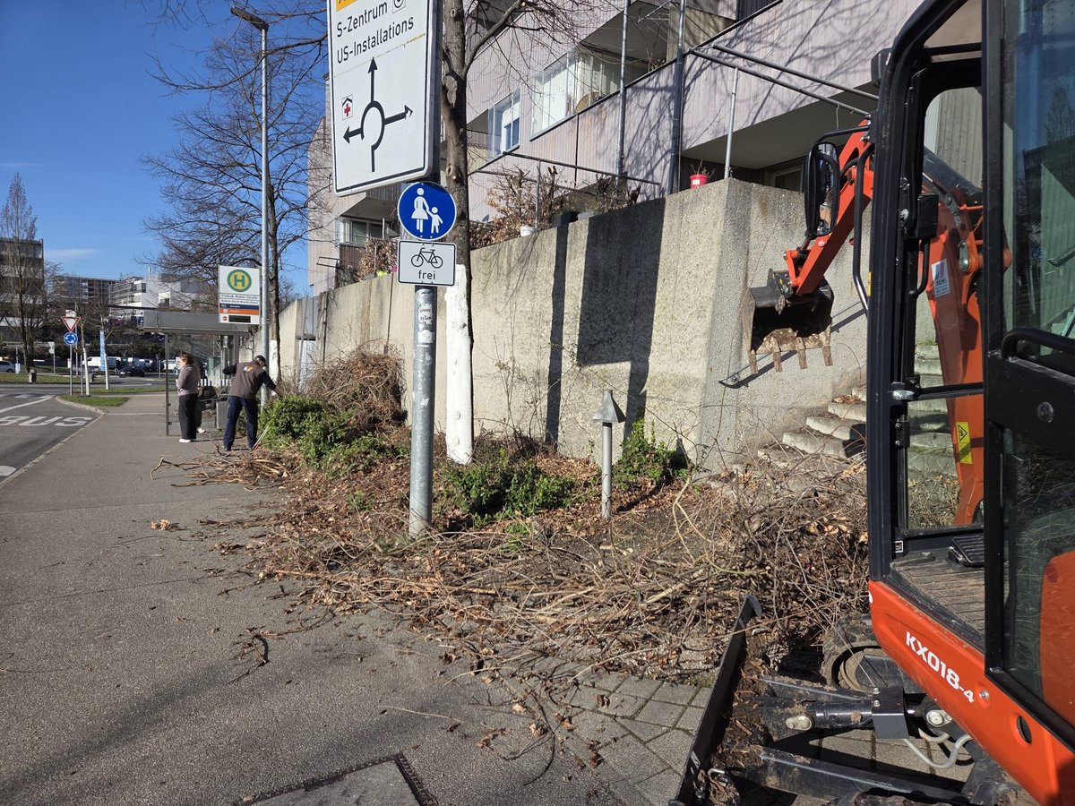 Bus an städtischer Straße mit Gehweg und Gebäudeschildern