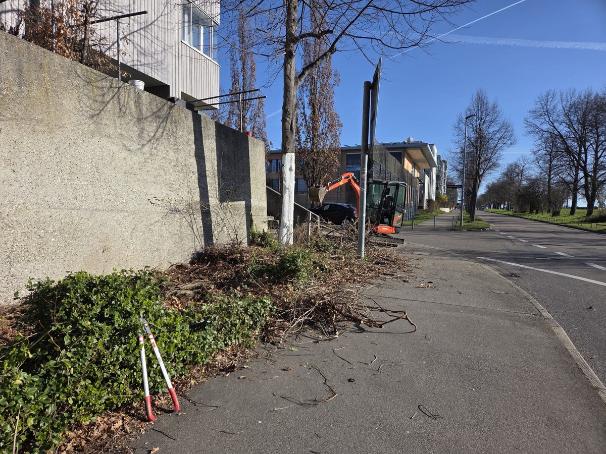Ländliche Straße mit Gebäude und Bauarbeiten